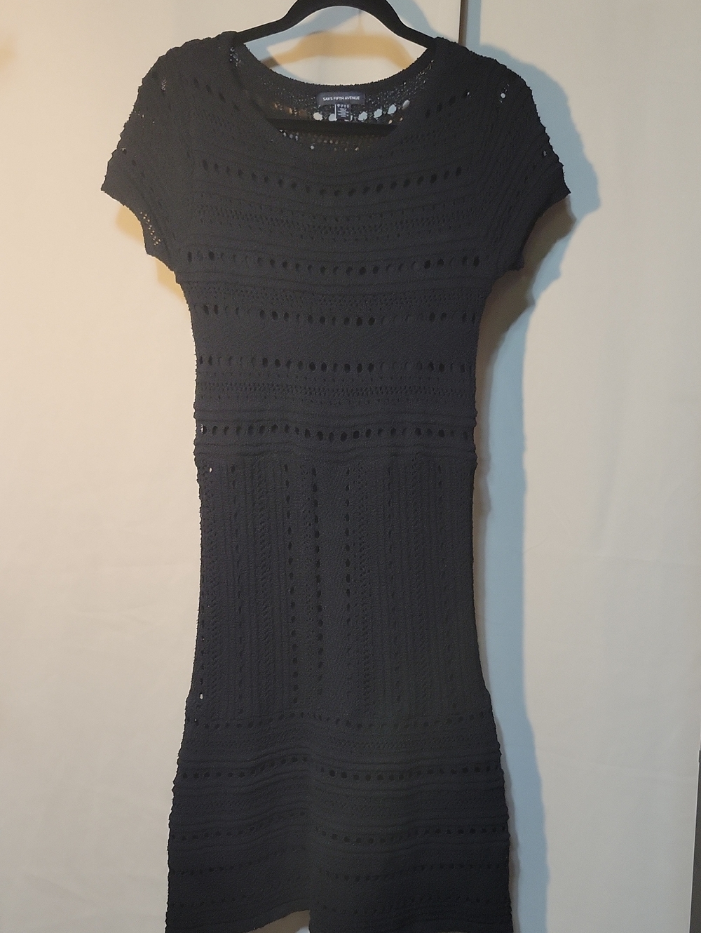 Saks Fifth Avenue Black Crochet-Knit Short Sleeve Fit & Flare Dress